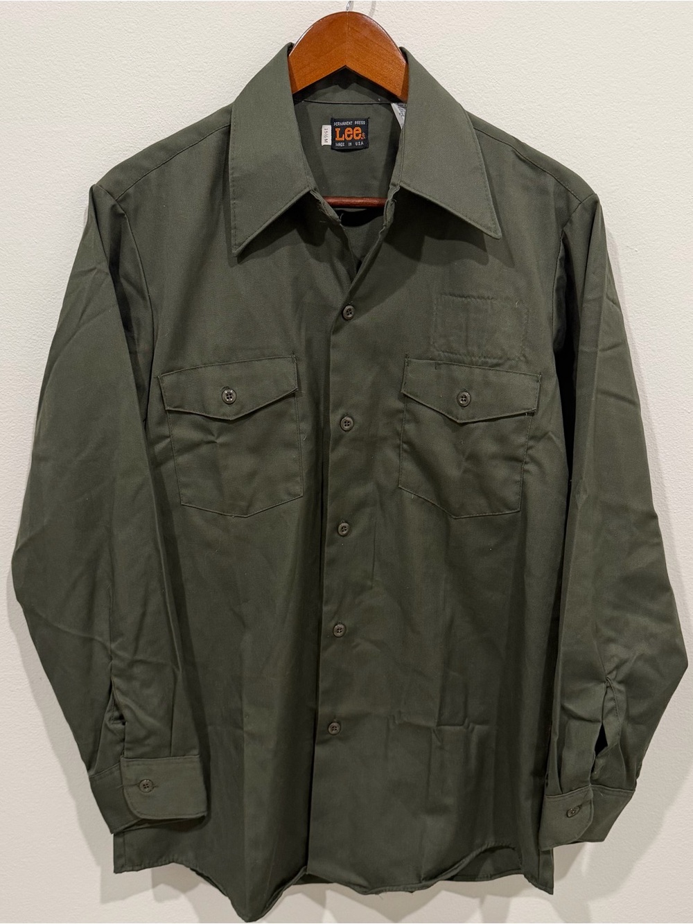Vintage Lee Made in USA Permanent Press Military Green Button Up Shirt